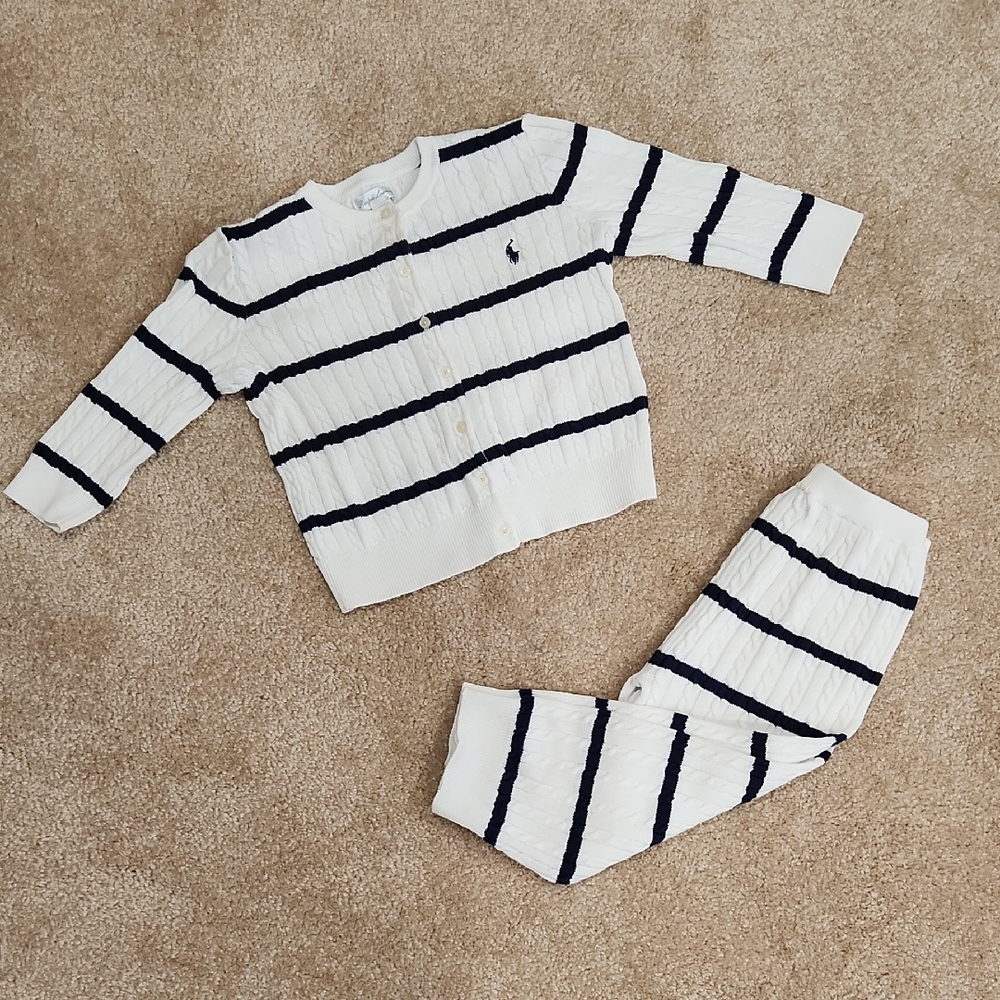 Ralph Lauren Boy White & Navy Striped Cable Knit Set Size 2